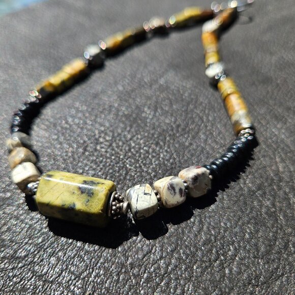 Yellow Turquoise, Sterling Silver and Sandalwood Necklace - Picture 4 of 5
